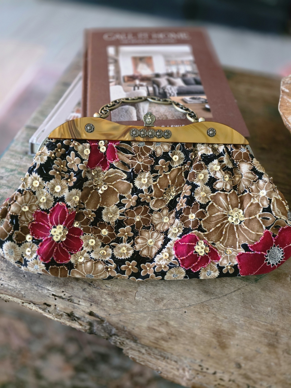 Source Unknown Embroidered Floral Clutch in Black, Brown & Pink